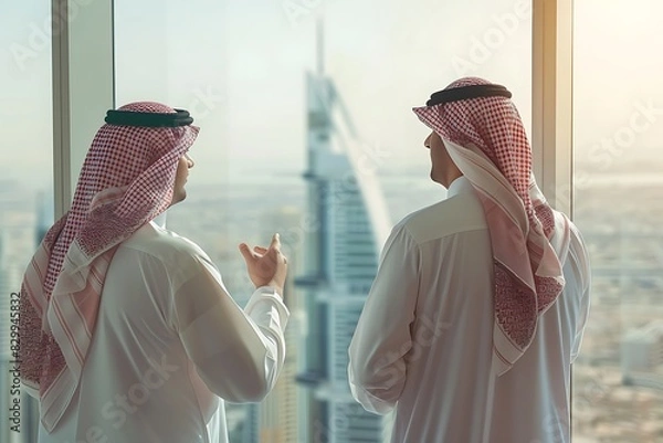 Fototapeta Saudi Arabian businessmen meeting to discuss a project, standing in front of large glass windows and looking at buildings.