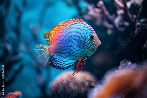 Obraz Dreamy discus fish (symphysodon aequifasciatus) displaying gorgeous color patterns in aquarium