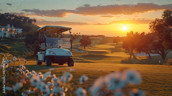 Fototapeta A luxury golf cart stands on the golf course against the background of palm trees and sunset. Sports and recreation. Against the backdrop of a hotel or spa restaurant. generative ai