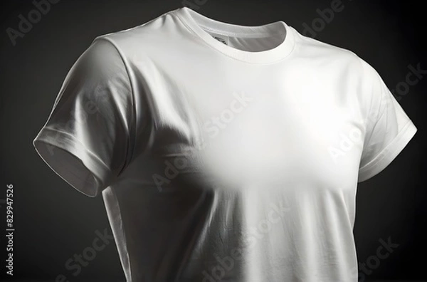 Fototapeta White T shirt mockup cotton apparel, isolated with green leaves flower on background. Design plain Tshirt template, T-shirt business print presentation mock up Top view flat tee lay. 