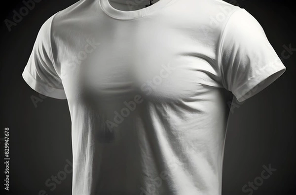 Fototapeta White T shirt mockup cotton apparel, isolated with green leaves flower on background. Design plain Tshirt template, T-shirt business print presentation mock up Top view flat tee lay. 