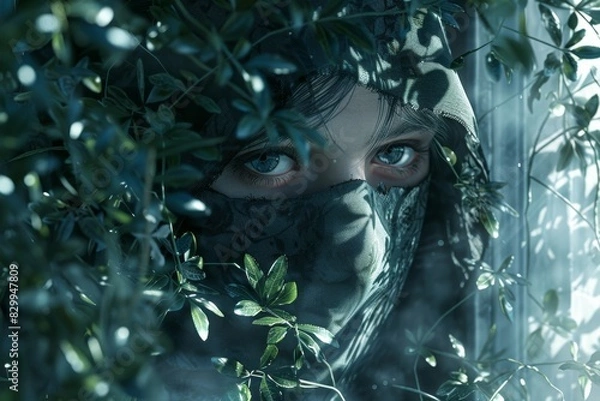 Fototapeta Mystical Figure Hidden Among Leaves in Mysterious Forest at Dusk