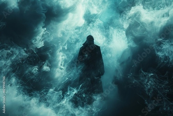 Fototapeta Mysterious Figure Walking Through Foggy Forest at Night Under Moonlight