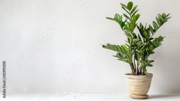 Fototapeta Zamioculcas indoor plant displayed against a white backdrop