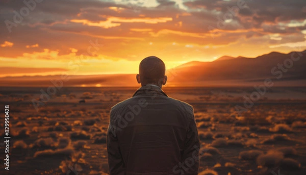 Fototapeta Wide-angle view photo realistic man on sunset desert