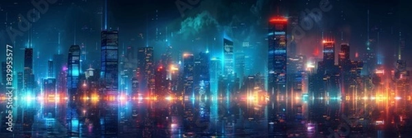 Fototapeta Futuristic Cityscape Illuminated with Neon Lights, Hi-Tech Urban Landscape, futuristic technology concept, graphic banner design