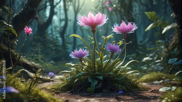 Fototapeta Fantasy alien flower portrayed as a magic forest plant game set. This fairy tale isolated asset is perfect for a fantastic  nature landscape, forming an unusual flora collection. Generative AI.