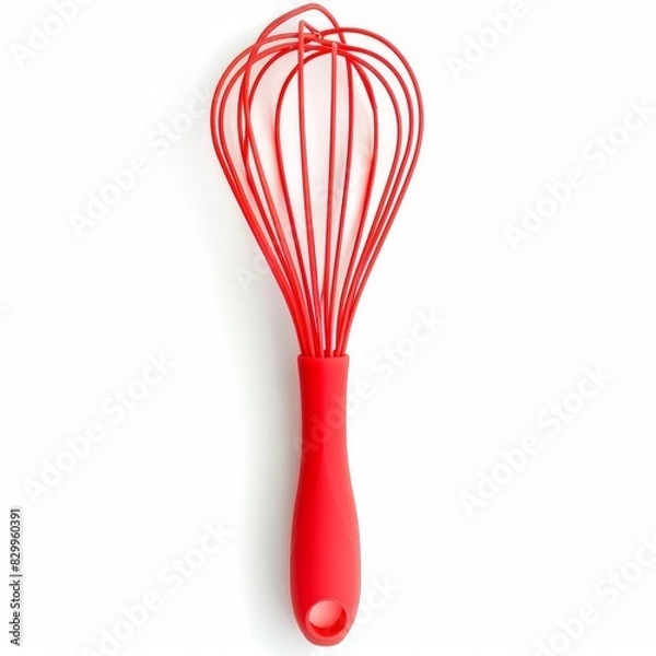 Fototapeta Silicone whisk with a flexible, colorful head in bright red, isolated solid white background of, without shadow, single object, detailed, PNG dicut style
