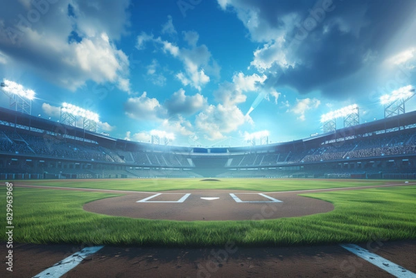Fototapeta Baseball stadium with lights and blue sky in a photorealistic style. The image is highly detailed, 8k, and UHD