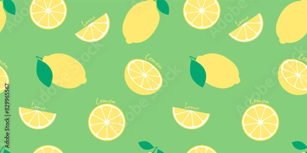 Fototapeta Seamless vector pattern of lemons with leaves and lemon slices. Summer background, for fabrics, wrapping paper, coatings.
