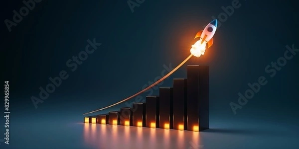 Fototapeta 3D Rocket Rising to Success: Rocket Launch from a Black Bar Chart With Orange Lights on a Dark Blue Background. Copy Space.