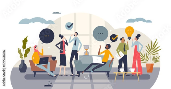 Fototapeta Diversity and inclusion in workplace with acceptance tiny person concept, transparent background. Business environment with ethnical, gender, racial and individualities illustration.