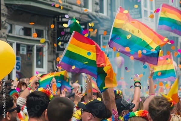 Obraz Colorful pride parade with rainbow flags and confetti