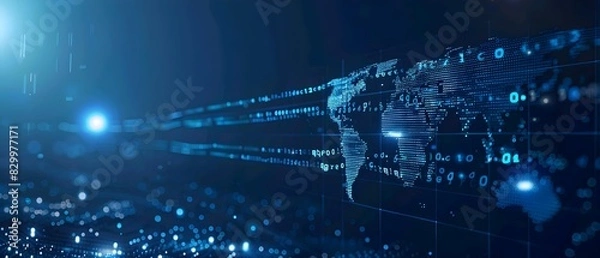Obraz Abstract digital world map on blue background with binary code and global network connection technology concept, data transfer and cyber security in the cyberspace