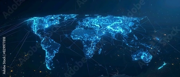 Obraz Abstract digital world map on blue background with binary code and global network connection technology concept, data transfer and cyber security in the cyberspace