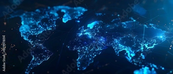 Obraz Abstract digital world map on blue background with binary code and global network connection technology concept, data transfer and cyber security in the cyberspace
