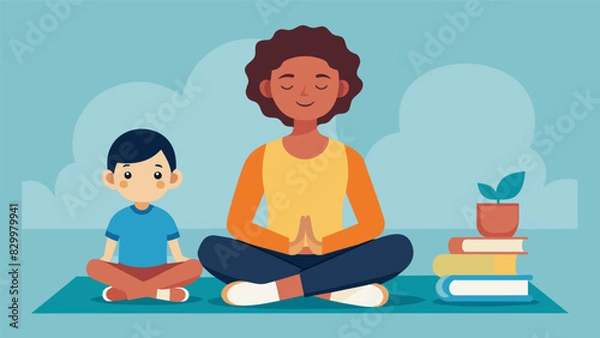 Fototapeta A young boy with his eyes closed sits in a comfortable position listening intently to the soothing voice of his teacher guiding the class through a meditation session.. Vector illustration