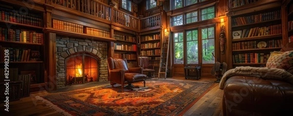 Fototapeta Cozy and elegant old library with a warm fireplace, vintage armchair, and floor-to-ceiling bookshelves filled with books.