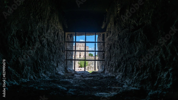 Fototapeta View of the castle wall from the dungeon window in Yedikule Castle, Istanbul, Turkey