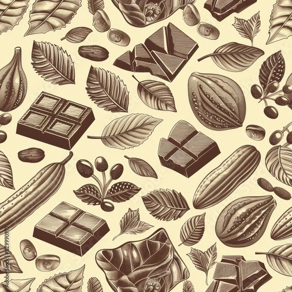 Fototapeta Vintage Chocolate Elements Seamless Pattern Featuring Bars, Bonbons, Cocoa Beans, and Leaves - Ideal for Design, Poster, Card, Print