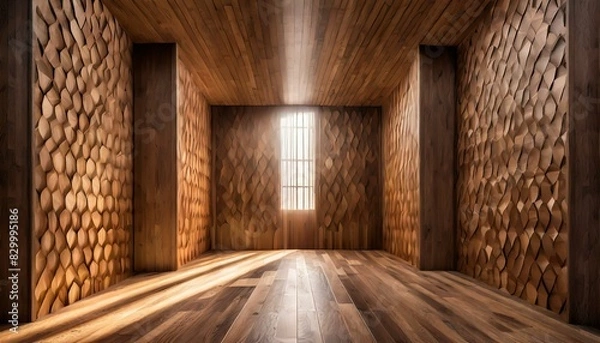Fototapeta Patterned wooden board panels with brown acoustic panels, diffused light from windows, highlighting modern interior acoustic design