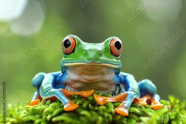 Fototapeta Vibrant Tree Frog with Colorful Markings on Green Moss