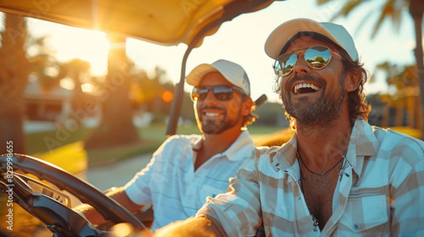 Fototapeta People on the golf course happy and smiling looking at the camera, sport golf and entertainment on the background of the sunset. Two friends of a business man in a golf car. generative ai