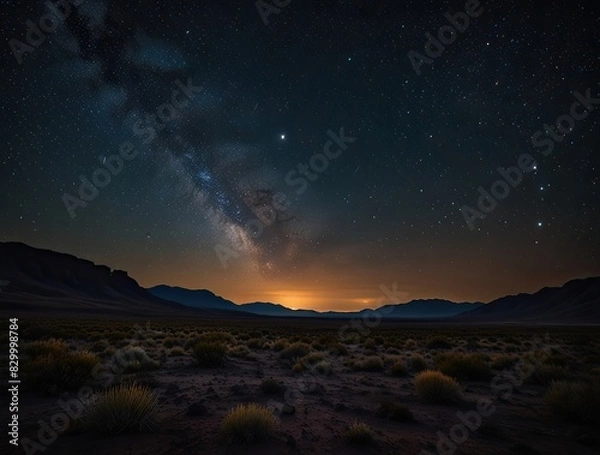 Fototapeta Sunrise view captured,抉择 (jué zé) between space and desert: a fiery orb emerges on the horizon