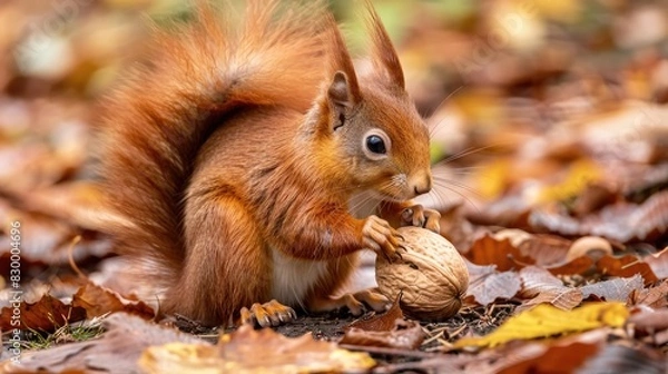 Fototapeta Scottish red squirrel consuming a nut while feeling hungry