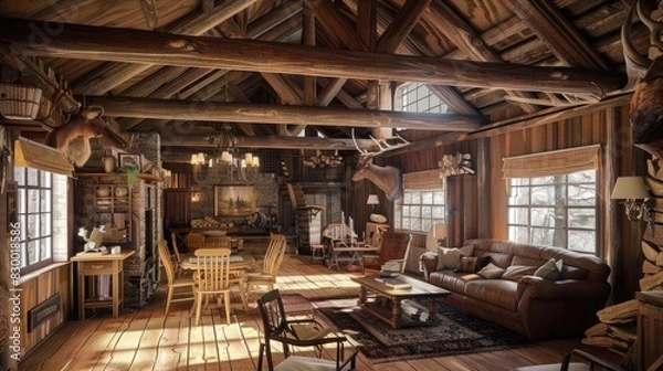 Fototapeta Rustic style hunting house with wooden furniture, furnishings, trophy on the wall. Interior. Generative AI