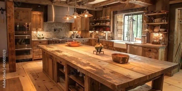 Fototapeta Rustic style kitchen with wooden furniture, shelves and cupboards, but with modern kitchen appliances and tools. Interior. Generative AI