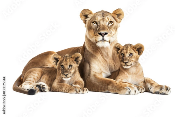 Obraz Female Lion Resting with Two Cubs on White Background