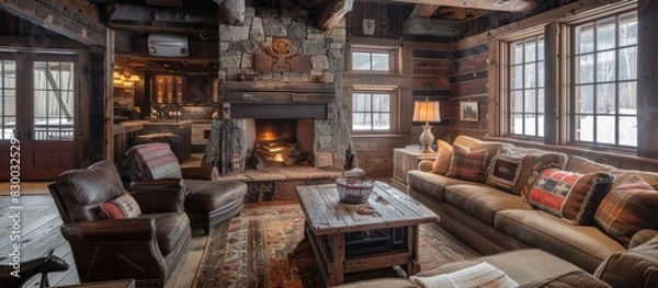 Fototapeta Rustic style living room with lots of robust wooden furniture. Interior. Generative AI