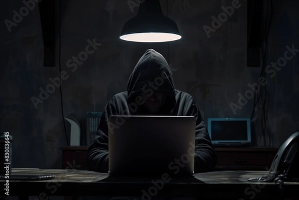 Fototapeta Hacker with a laptop in a desk, his face cannot be seen, dark environment, internet security concept. Copy space