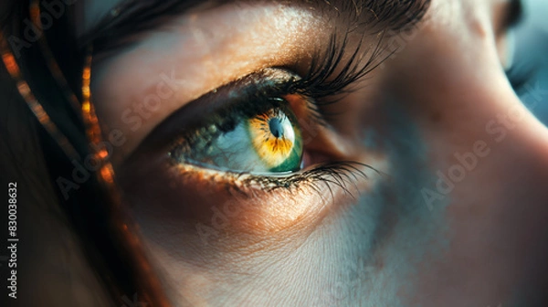 Fototapeta Vivid Macro Shot of a Human Eye with Striking Sunlit Iris Details. Generative AI