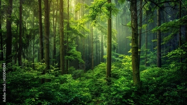 Fototapeta Dense forest with towering trees, lush greenery, serene and peaceful, natural beauty, untouched wilderness, vibrant and alive, morning mist, copy space.