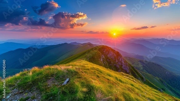 Obraz Sunset over a mountain range, majestic and breathtaking, serene and tranquil, natural beauty, vibrant colors, panoramic view, untouched wilderness, copy space.