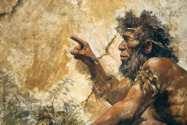 Fototapeta Caveman communicating with primitive language and gestures 