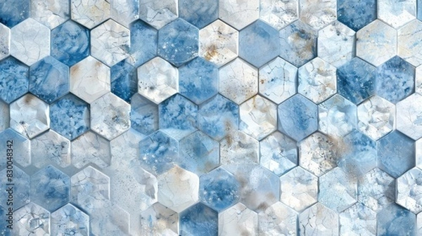 Fototapeta Winter mosaic with hexagonal tiles in icy blue and white textures and frost-like sparkle backdrop