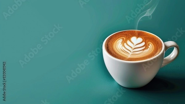 Fototapeta A steaming cup of coffee with a beautifully designed latte art, isolated on a green background