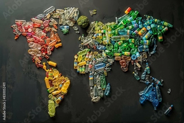 Fototapeta Top view of plastic waste bottles forming the shape of a world map on a black background.