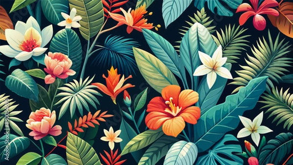 Fototapeta Seamless pattern with tropical flowers and leaves. Vector illustration.