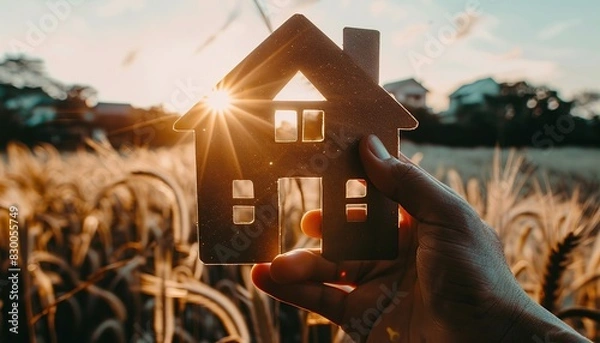 Obraz Recycled brown paper model house sunlight shining sky grass background 