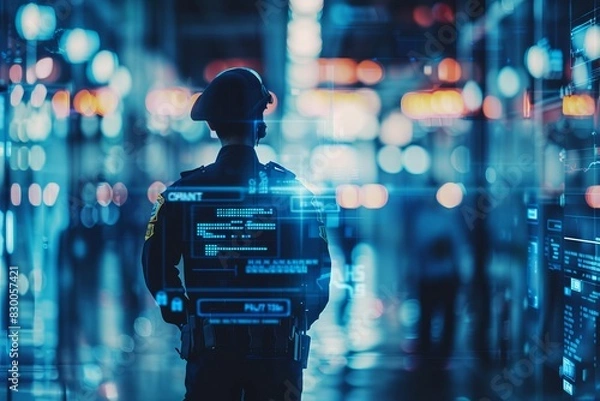 Fototapeta Futuristic Concept: Police officer with crime data analytics tools, in police station, incident reports and crime trends visualized. Law enforcement tech, crime data analysis. , background blur