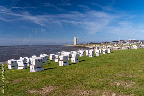 Obraz Büsumer Strand mit Strandkörben bei Ebbe