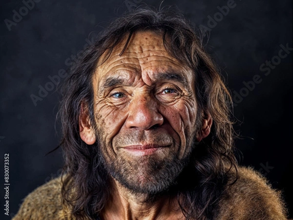 Fototapeta Portrait of a Neanderthal man. Primitive man.
