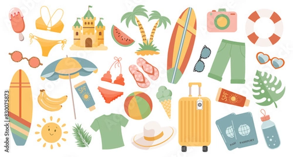 Fototapeta Set of cute summer icons, stickers. Collection of scrapbooking elements for beach party. Tropical vacation. Vector