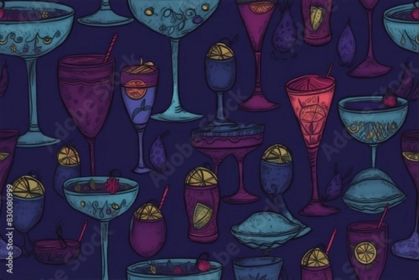 Fototapeta Cocktail pattern with martinis, wine, and margaritas.