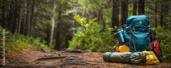 Fototapeta Backpacker organizing camping gear beside a forest trail.