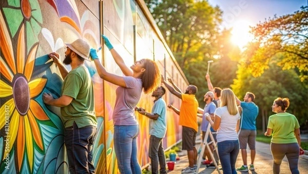 Fototapeta group of people making colorful paint on the wall. painting of the wall on a sunny day.